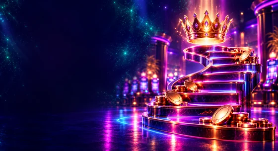 Neon staircase leading to a golden crown