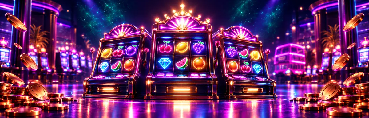 Three neon slot machines in the Britsino game lobby