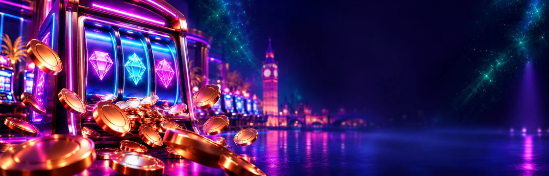 Neon slot machine pouring bronze coins with Big Ben in the background
