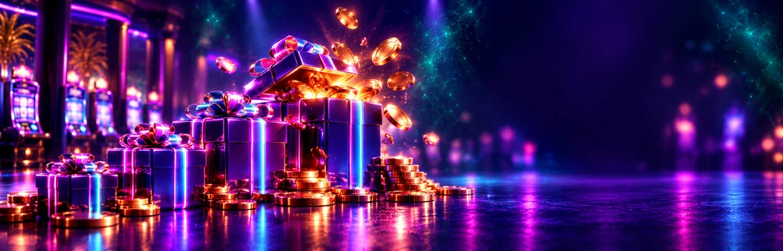 Four glowing gift boxes with coins for the four-stage welcome package