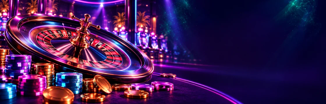 Roulette wheel with casino chips and coins on a neon-lit table