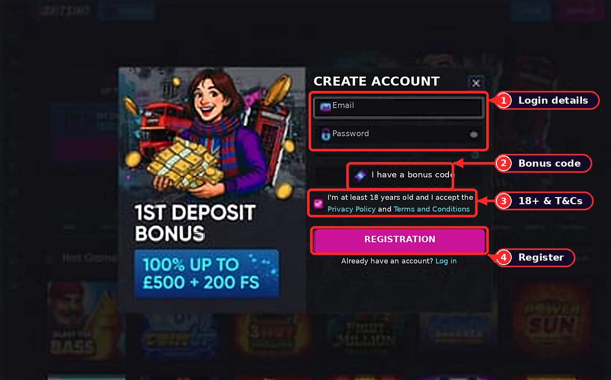 Annotated screenshot of the Britsino registration form