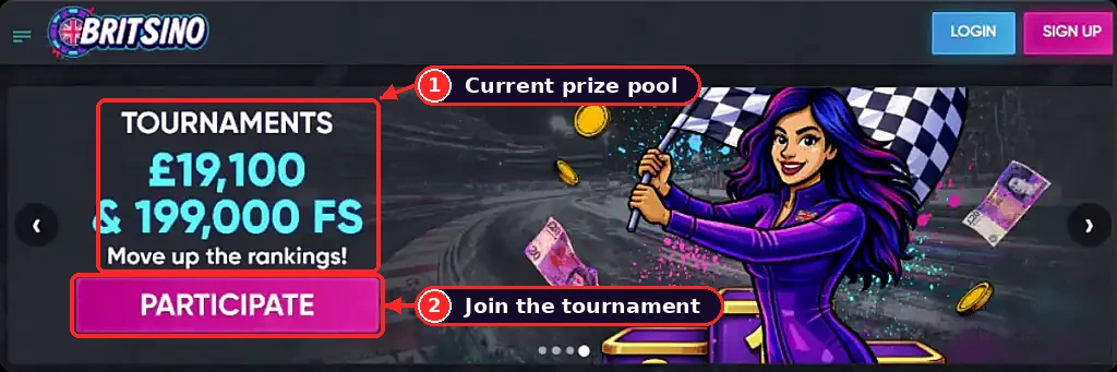 Annotated screenshot of the Britsino tournament banner